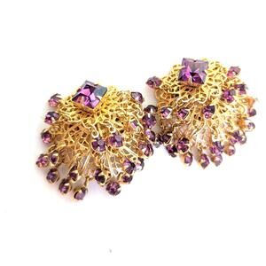 Vintage Gold Tone Rich Amethyst Glass Rhinestone ChaCha Dangle Earrings